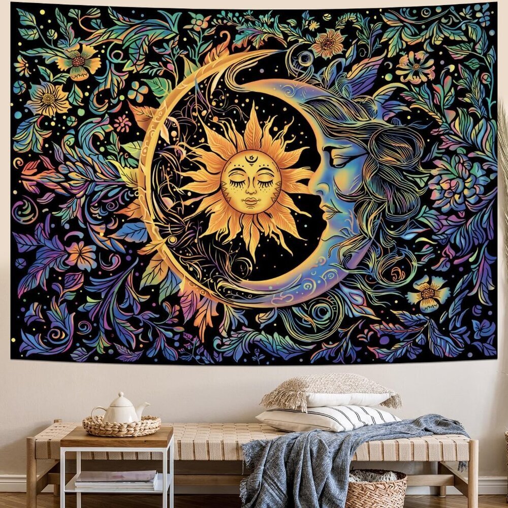 Sun and Moon Tapestry Psychedelic Mystic Floral Tapestry Hippie Boho Flower Plan